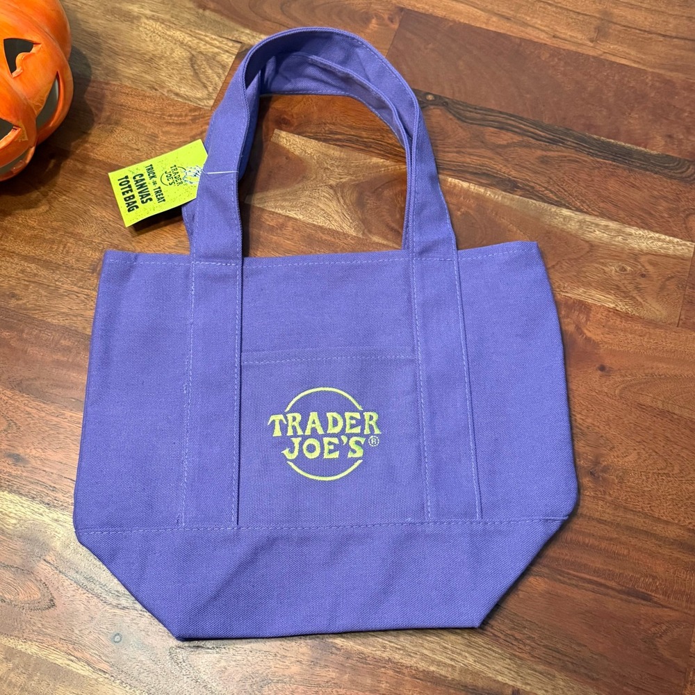 Trader Joe's Trick or Treat Canvas Tote Bag Purple Mini Shopping Bag NWT